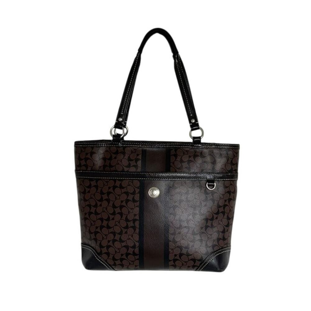 Coach F15137 Chelsea Heritage Stripe Signature Tote Brown Black Shoulder Bag - Picture 1 of 6